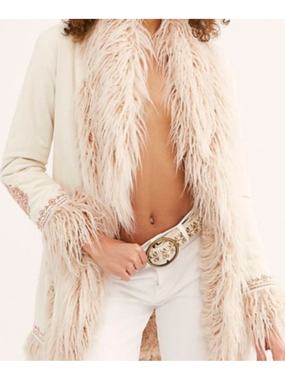Spell & The Gypsy ‘Joplin’ Embroidered Penny Lane Faux Fur Trim Coat Sand Sable - Picture 7 of 10
